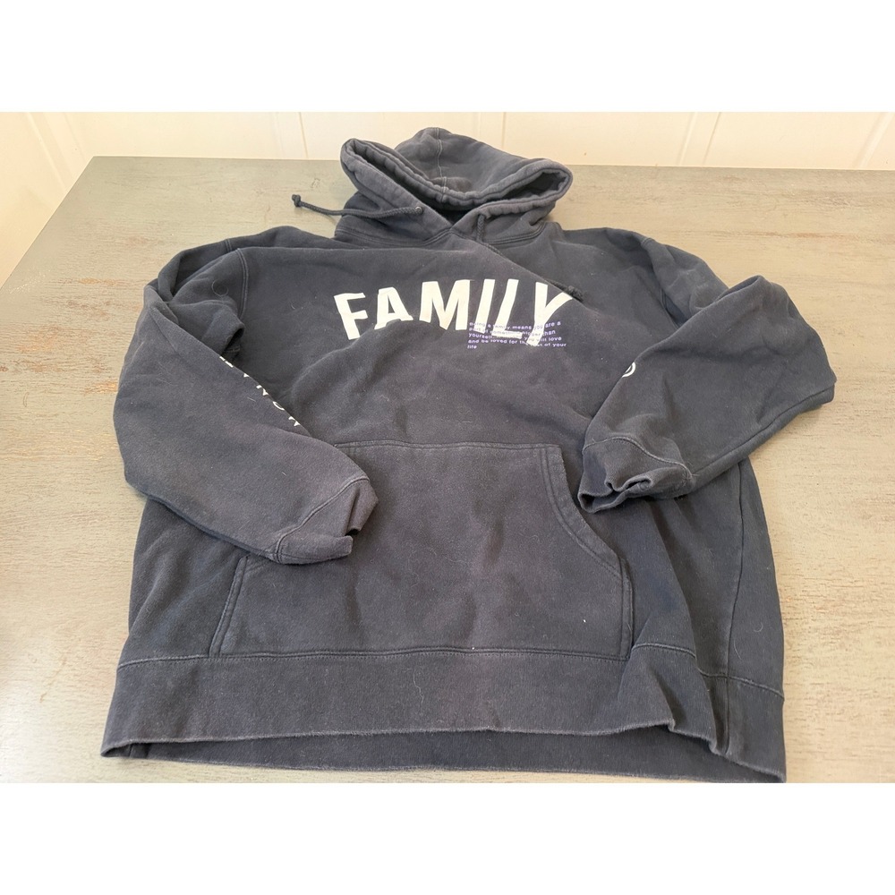 Monat Family Graphic Hoodie Sweatshirt Navy Blue Large Drawstring Pocket
